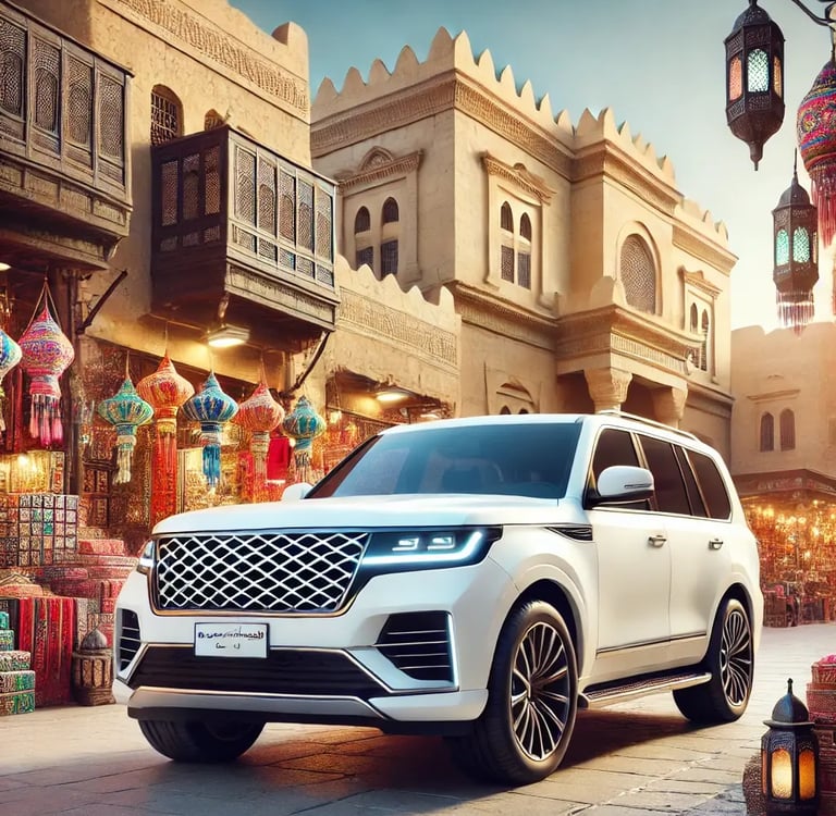 a white suv parked in front of a building