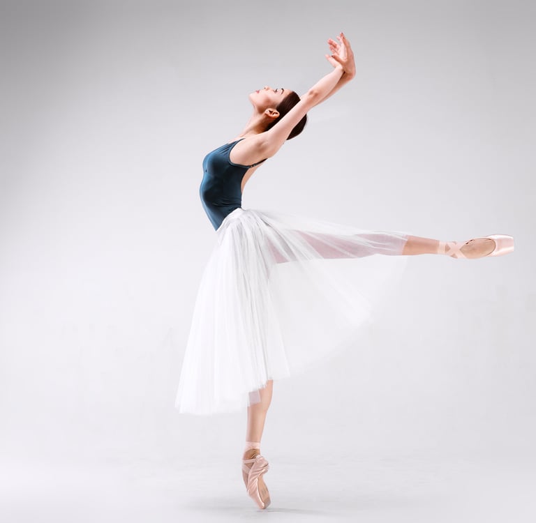 a woman in a black leoman dress and ballet shoes