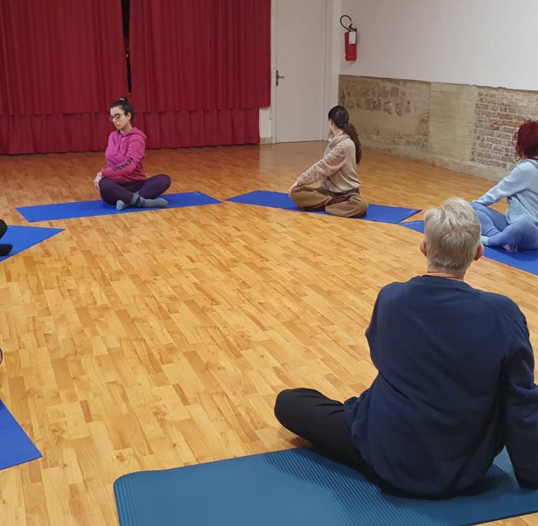 a group of people sitting on yoga mats in a circle, classe di esercizi di bioenergetica