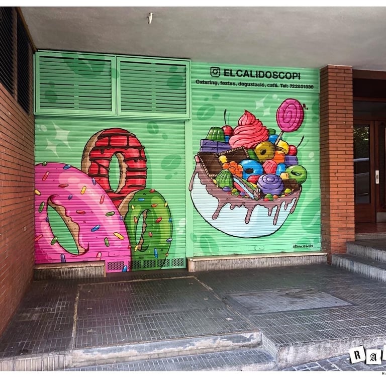 dibujo en persiana de una tienda de eventos o cumpleaños.