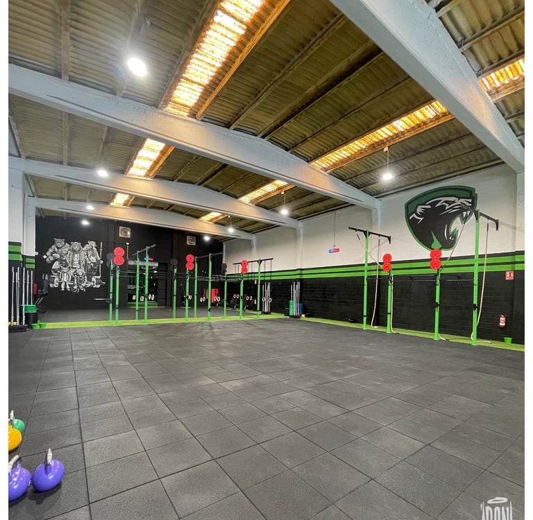 Nave industrial transformada en un gimnasio crossfit con su logotipo pintado 