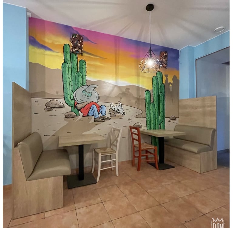 mural de un mexicano durmiendo en una pared de un restaurante mexicano