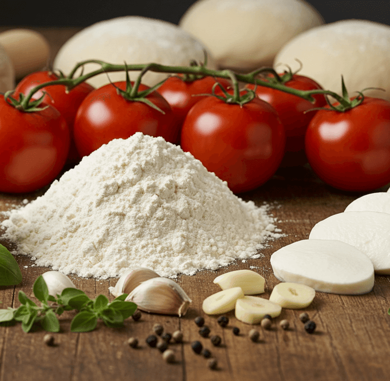 a pizza with tomatoes and cheese on a table