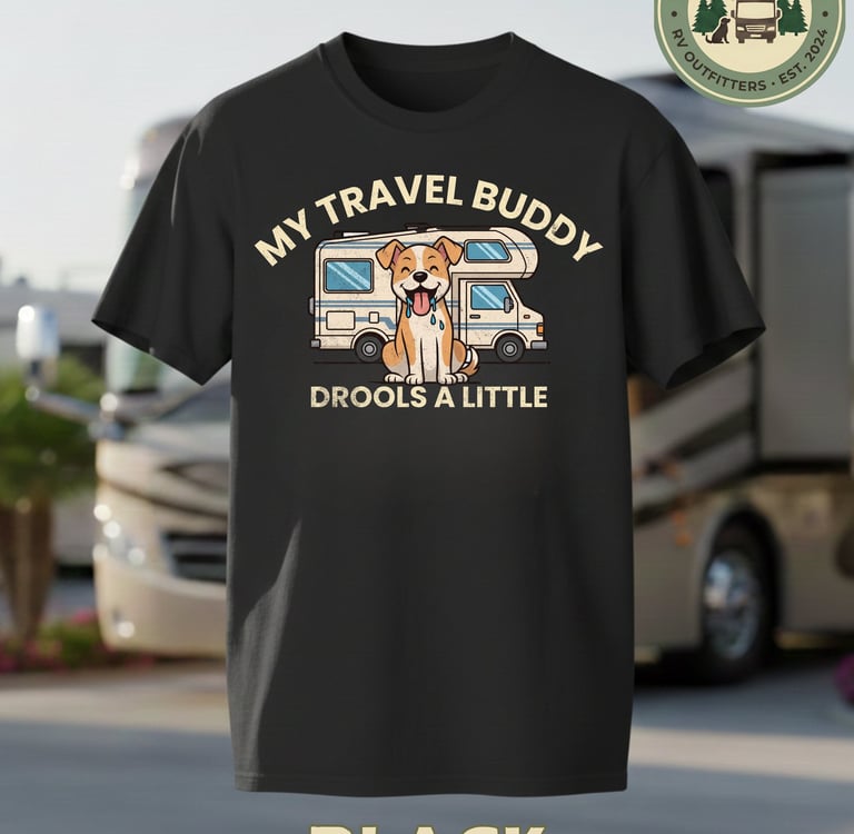 Black t-shirt featuring a dog and motorhome with the text My Travel Buddy Drools a Little.