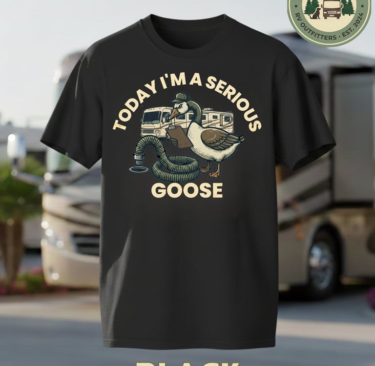 Black RV t-shirt featuring a funny goose holding a clipboard with a motorhome and sewer hose.