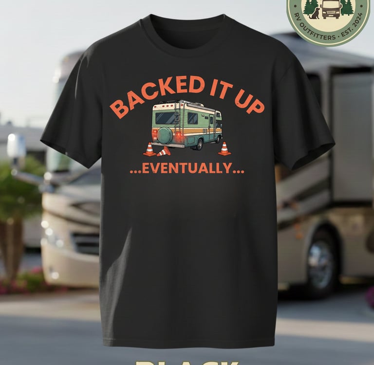 Black comfort Colors t-shirt featuring a vintage RV graphic and funny Backed It Up Eventually text.