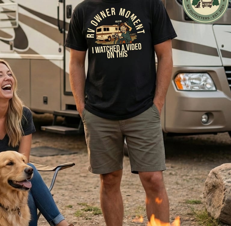 RV Owner Moment I Watched a Video shirt by Horacio & Visconti — couple at campsite with Golden Retr