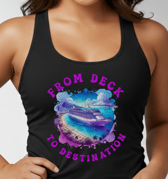 a woman in a tank top with a boat in the water