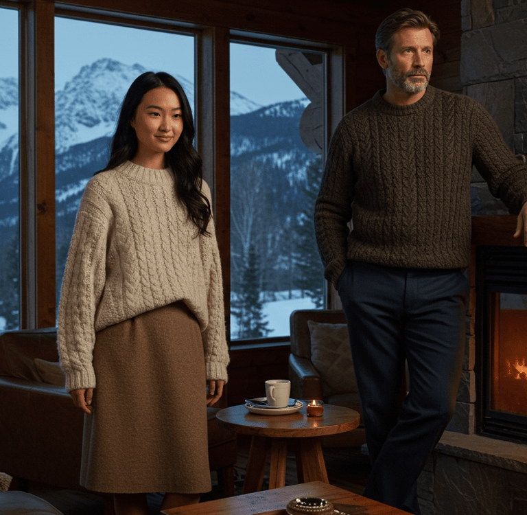 a man and woman standing in front of a fireplace