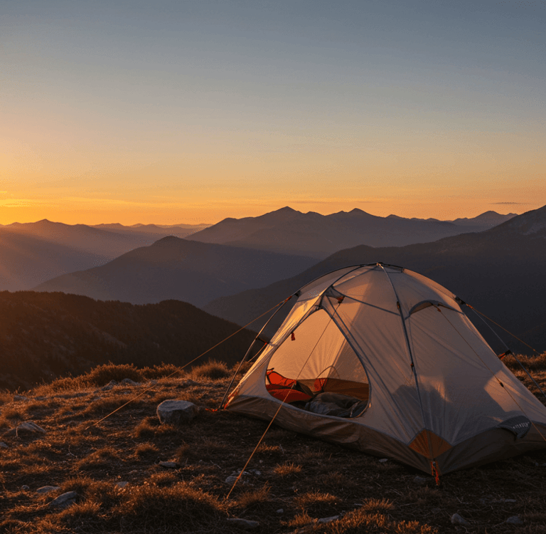 Man camping on top of hill with mountain view with best 2 person camping tent