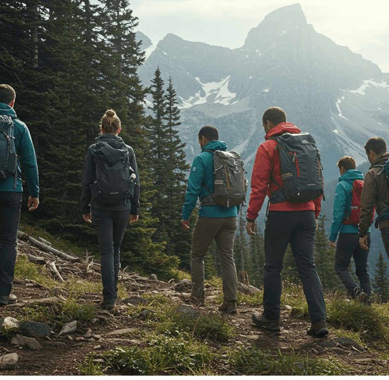 a group of people walking up a mountain