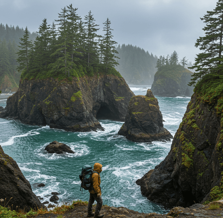 a person standing on a rocky cliff overlooking a body of water