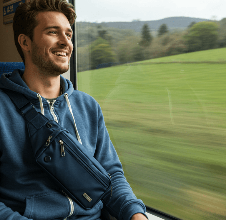 a man sitting on a train with cross body bag