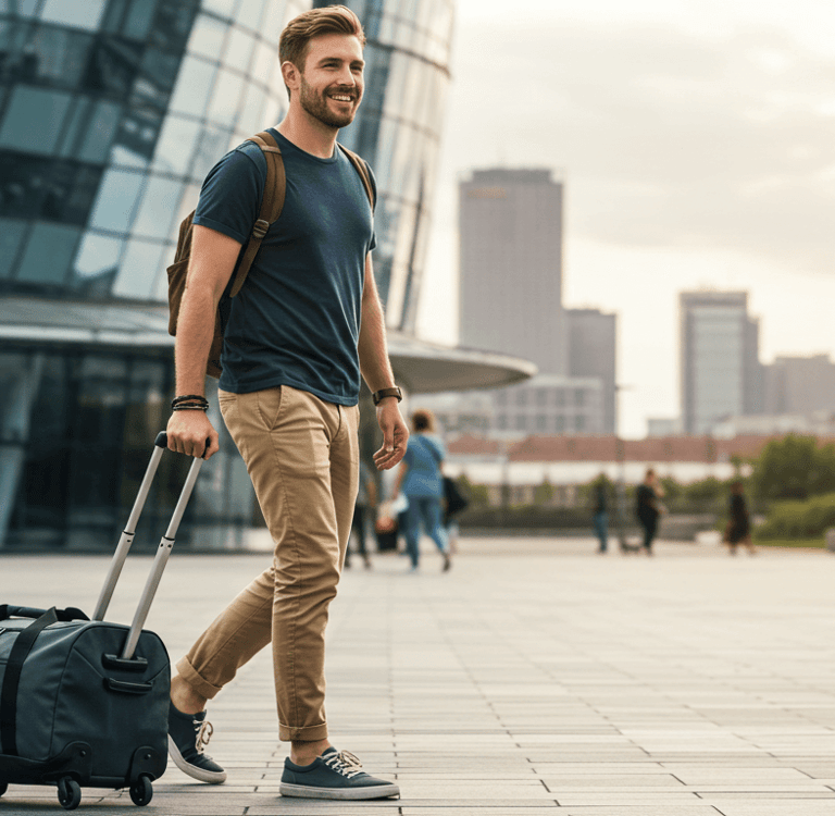 man pulling a duffel bag on wheels