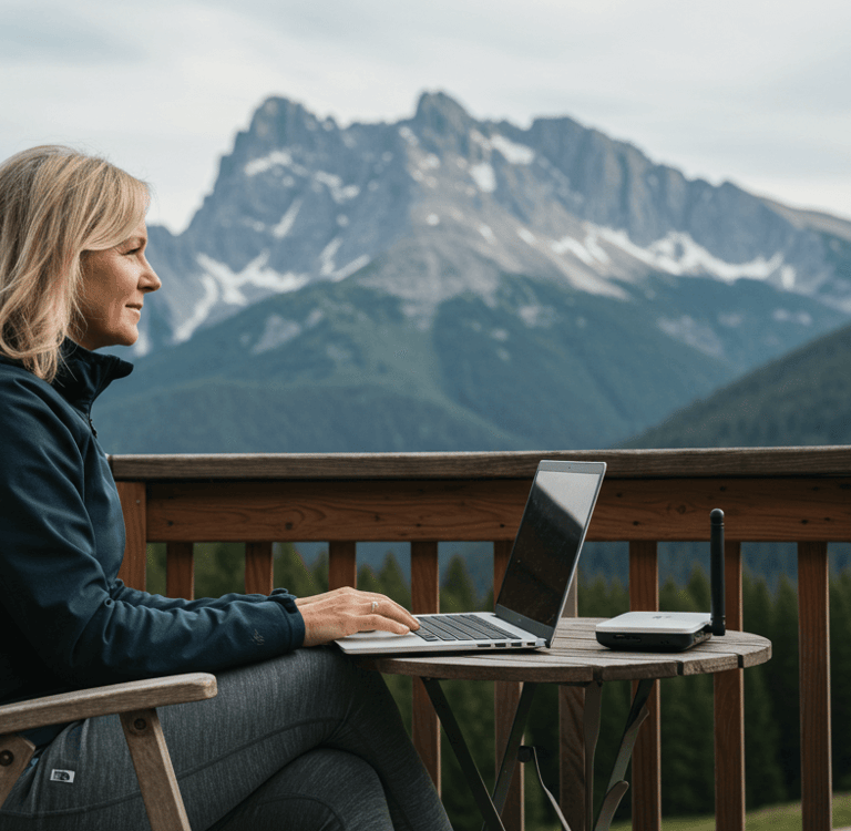 women working from the mountains using wireless travel router