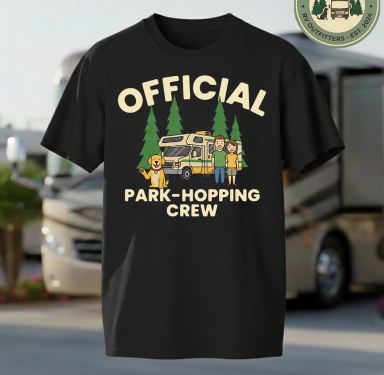 Black t-shirt with Official Park-Hopping Crew graphic featuring a dog, couple, and RV camper in the woods.