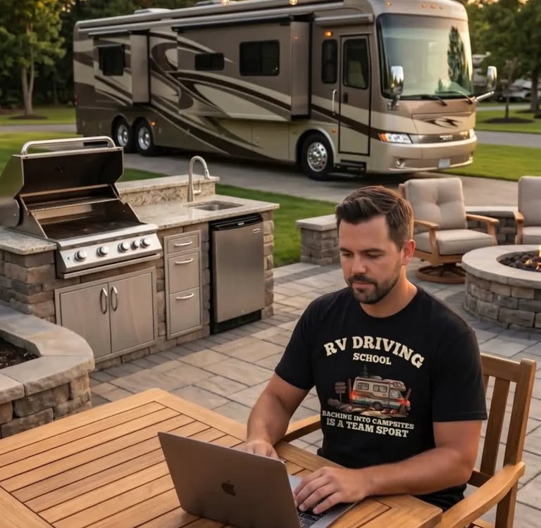 Working remotely on a laptop at an RV campsite — staying connected with a travel router on the road