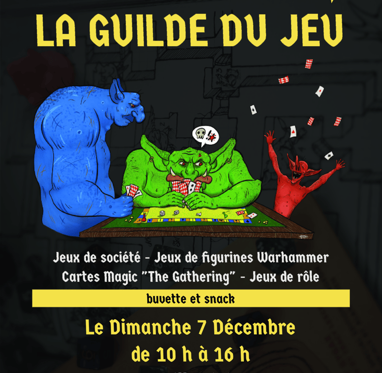 Poster for La Guilde du Jeu gaming event in Villard de Lans featuring board games, Magic cards, and Warhammer.