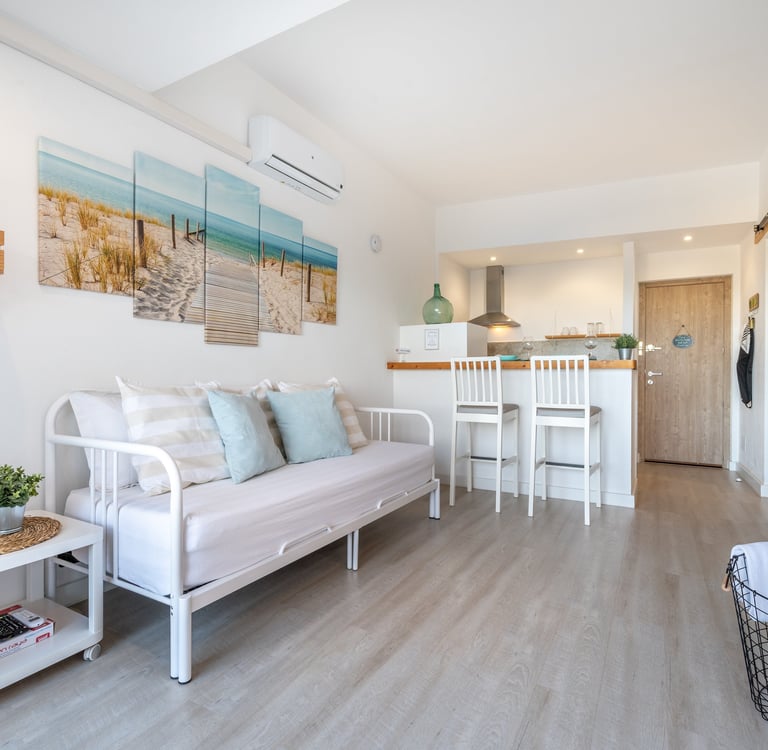 a living room with a couch and a television