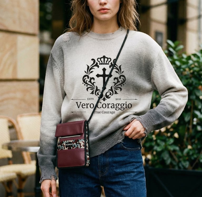 Woman wearing a grey Vero Coraggio graphic sweater with blue jeans and a burgundy crossbody bag.