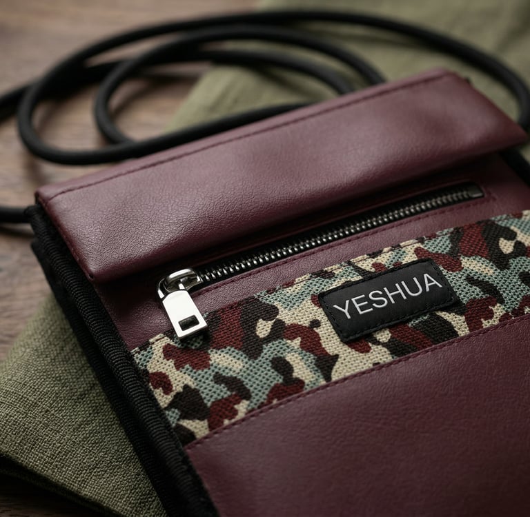 Yeshua brand burgundy leather crossbody neck pouch with camo pattern and black rope strap.