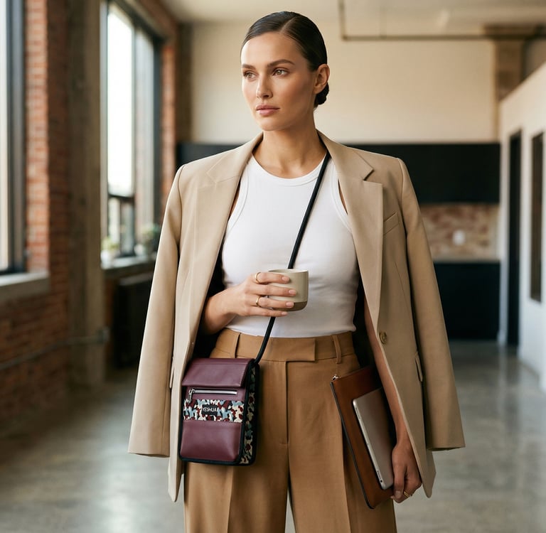 A stylish woman in a tan blazer wearing a patterned crossbody bag while holding a coffee cup.