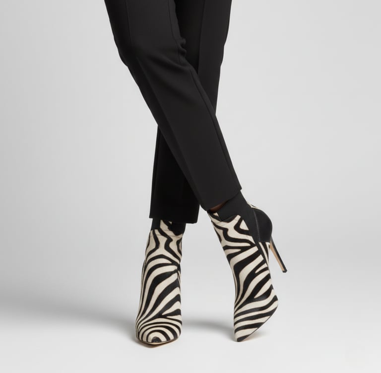 Stylish woman wearing zebra print pointed-toe stiletto ankle boots and black trousers.