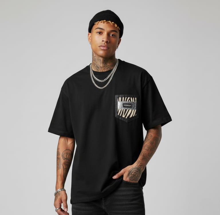 A man wearing a black streetwear t-shirt with a zebra print pocket and silver chain necklaces.