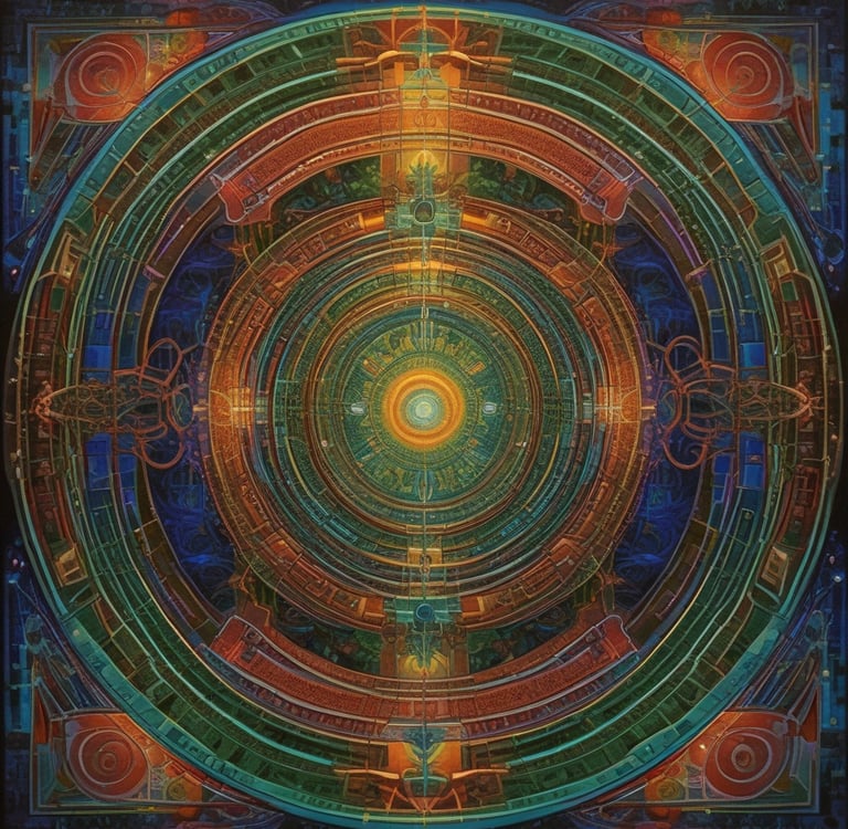 A musician is playing a keyboard or synthesizer in a dimly lit room. The image has a glitch effect with overlapping colors like red, blue, and green, giving a digital, surreal appearance. In the background, there are electronic equipment and a laptop on a table, suggesting a music studio or electronic music setup.