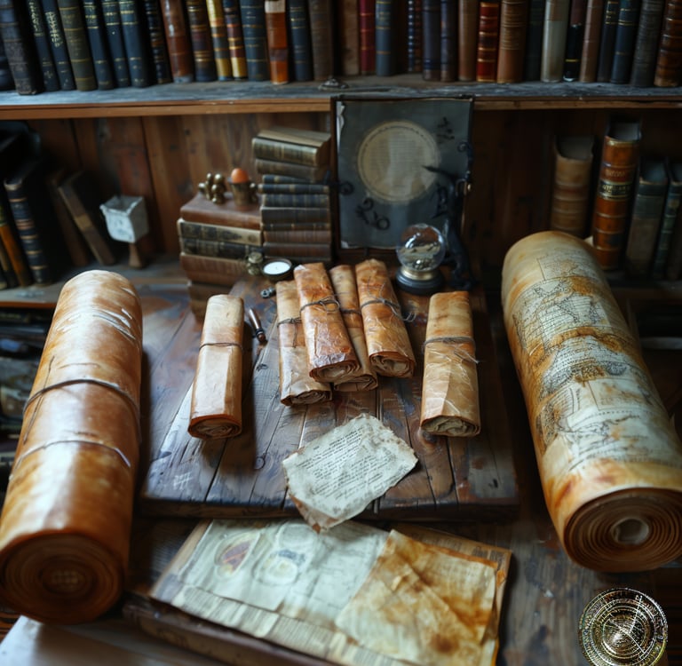 Un amas de vieux parchemins et d'un bout de lettre, sur une table en bois.