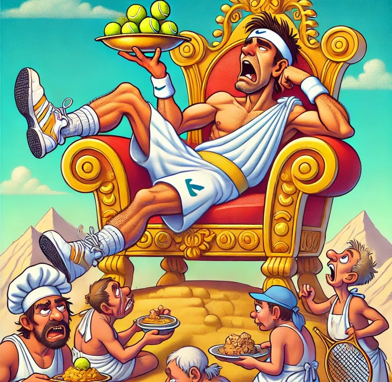 a cartoonish looking tennis god sitting on a throne with a tray of tennis balls at Mount Olympus