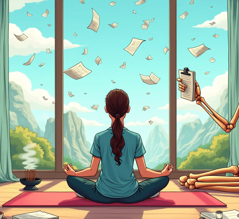 cartoon image of a medical student practising yoga
