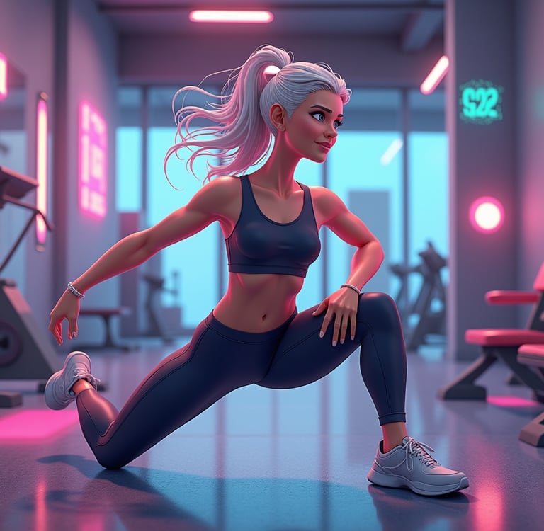 a woman exercising in a gym, 3d digital art style