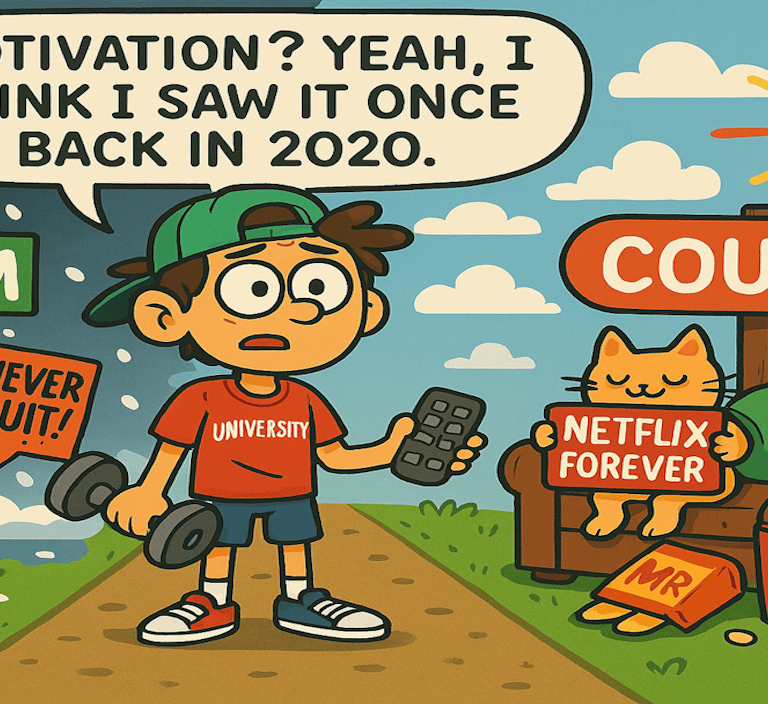 Cartoon image of a male university student torn between exercise and a couch