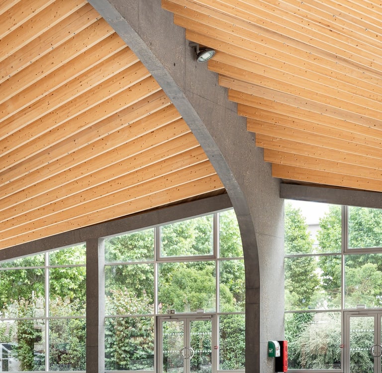 Vue sur la poutre béton cintré portant la charpente bois de la halle de bischwiller