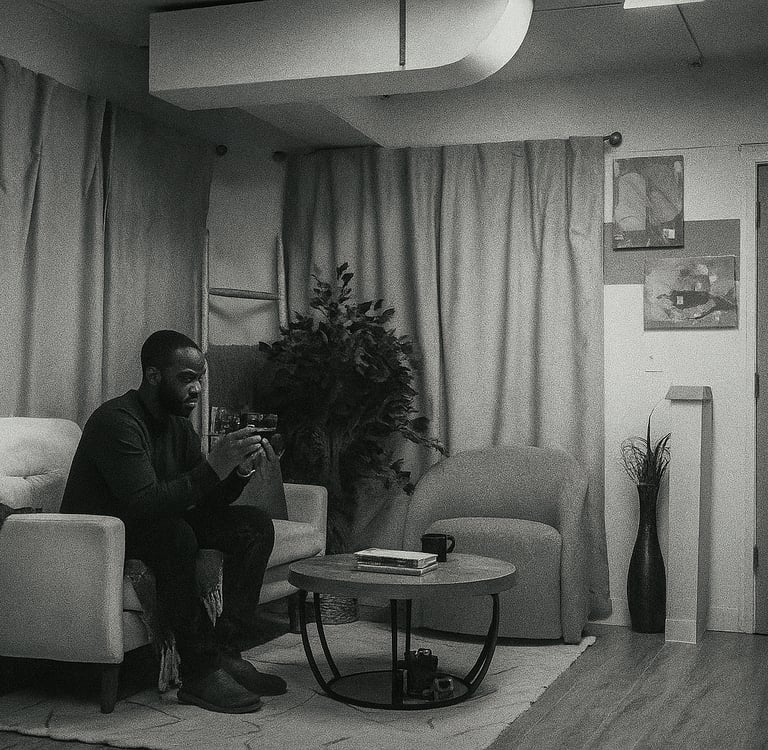 a man sitting on a couch looking at the back of a camera
