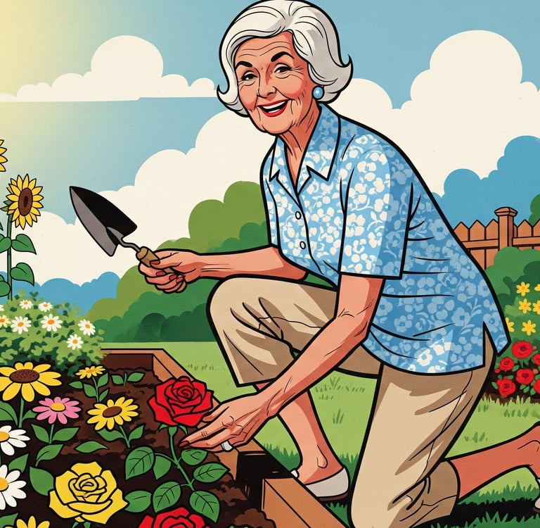 An elderly person walking confidently on a scenic trail, looking healthy and active. The sun is shin