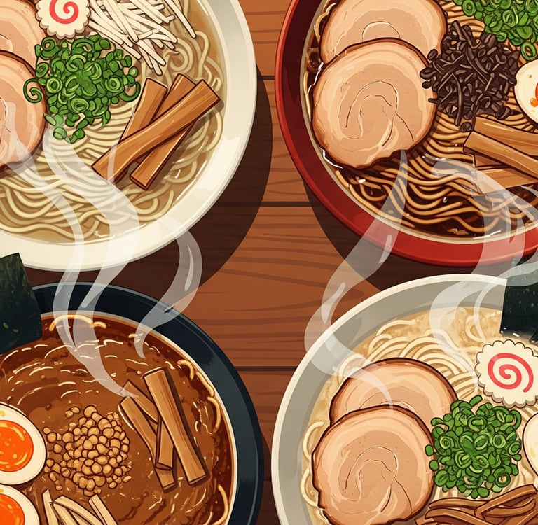 A steaming bowl of Japanese ramen with various toppings, illustrating the different types and flavor