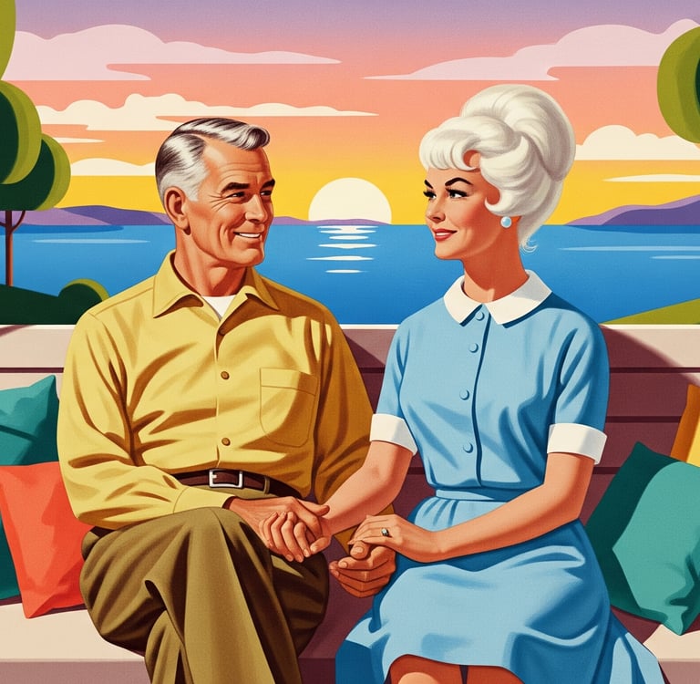 An elderly couple sits on a porch, holding hands and looking at a beautiful sunset, with a sense of 