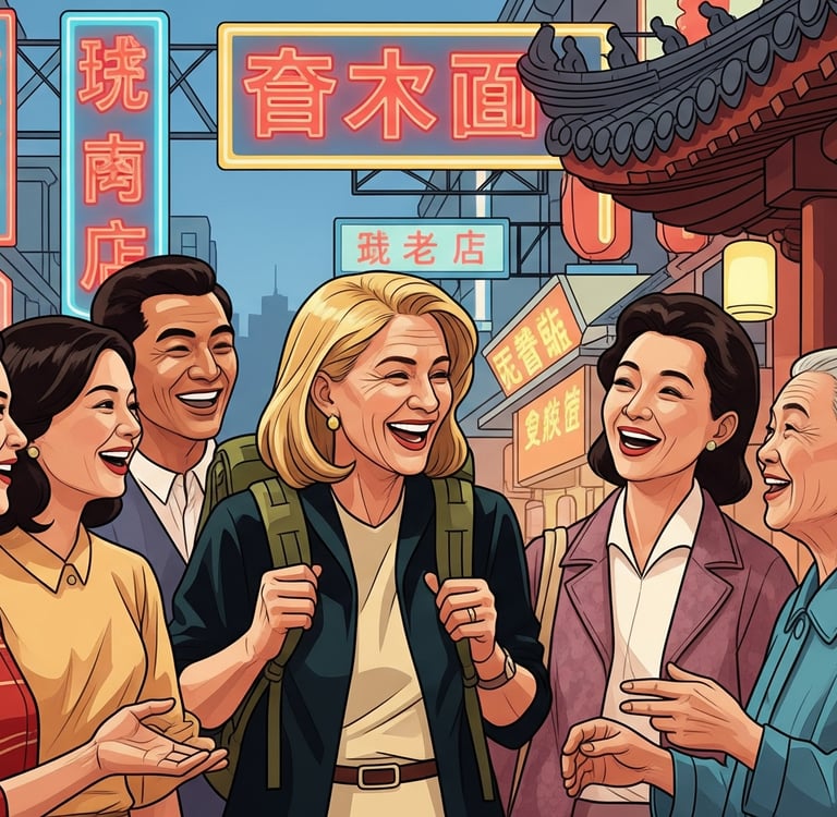 A photo of a Western traveler smiling with a group of Chinese locals in a bustling street market in