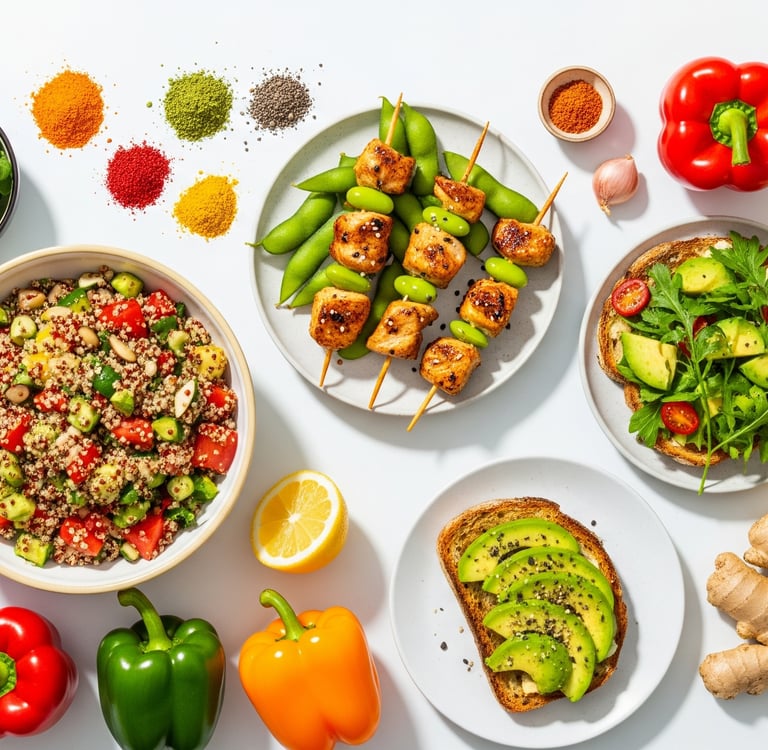 A vibrant flat-lay of assorted natural ingredients and prepared healthy meals. The image shows a bow