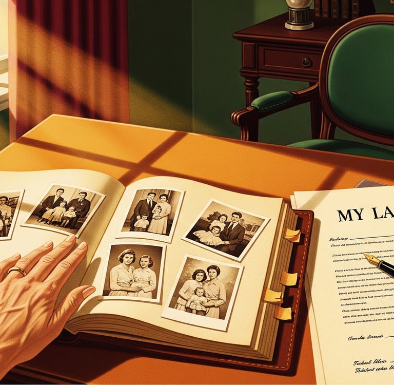 An open, antique-looking photo album filled with black and white photos of a family, with a simple, 