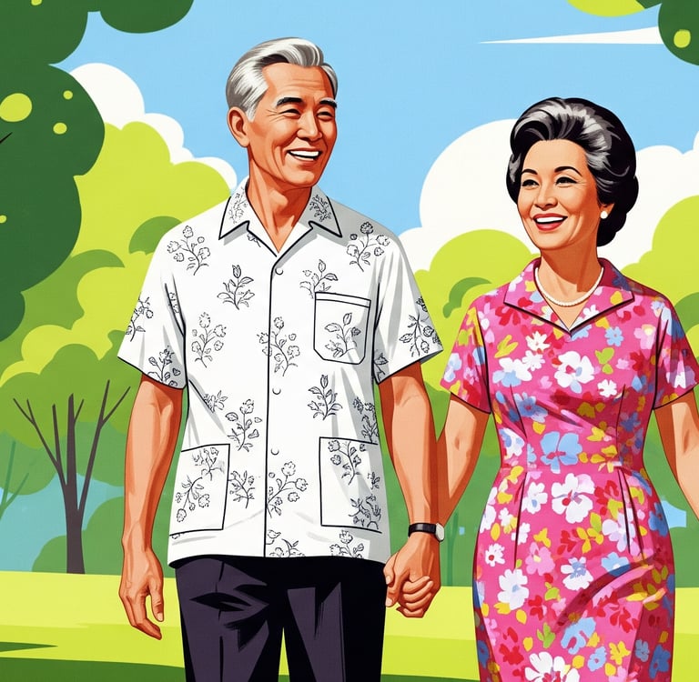 A close-up image of an older Singaporean man and woman smiling and walking hand-in-hand in a park, w