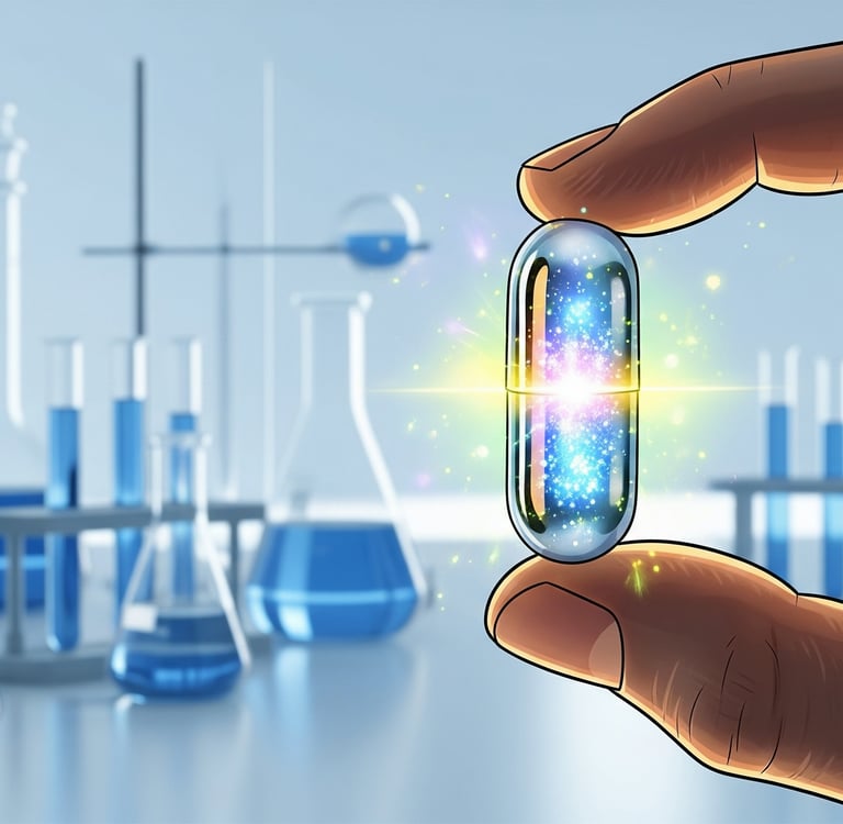 A close-up shot of a human hand holding a clear capsule with a vibrant, glowing substance inside, se