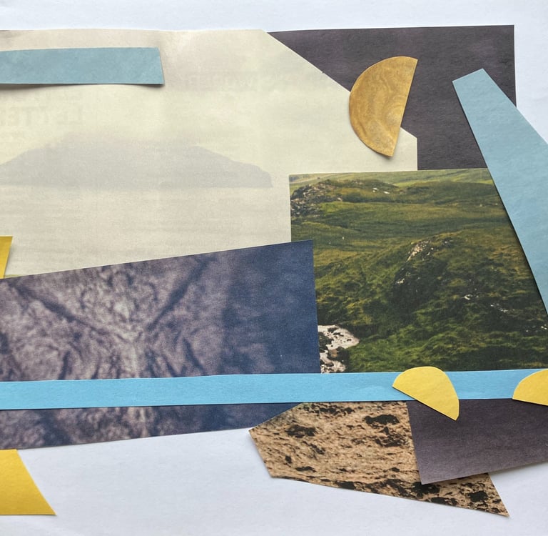 An image of abstract art in blues, greens and yellow