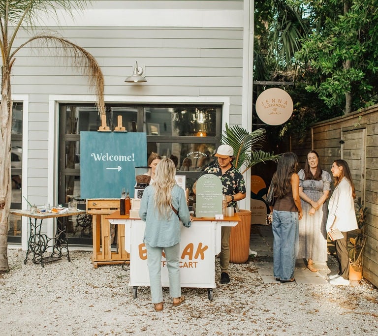Guests enjoying break coffee cart in front of Jenna Alexanders studio