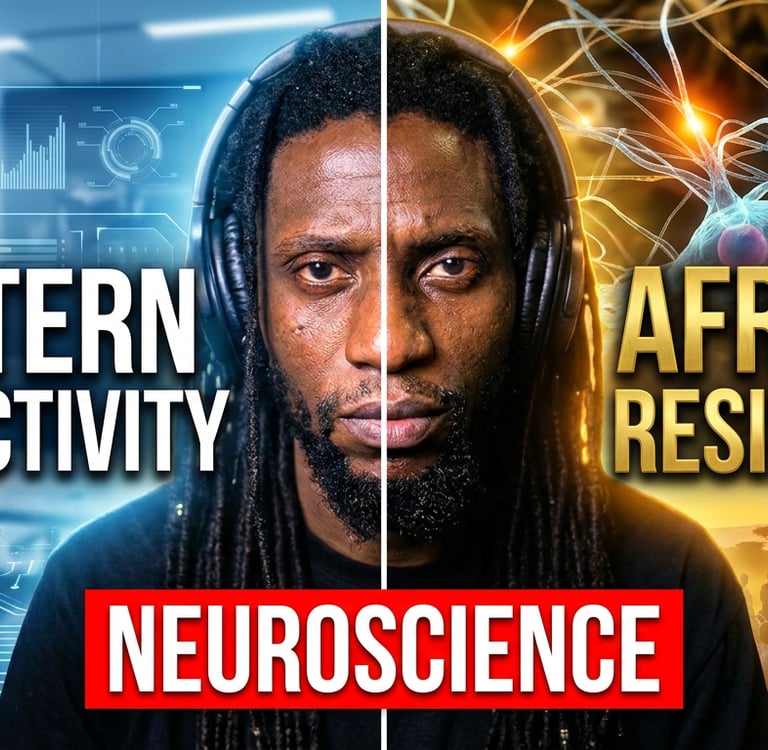 A man split between Western productivity and African resilience with neuroscience graphics.