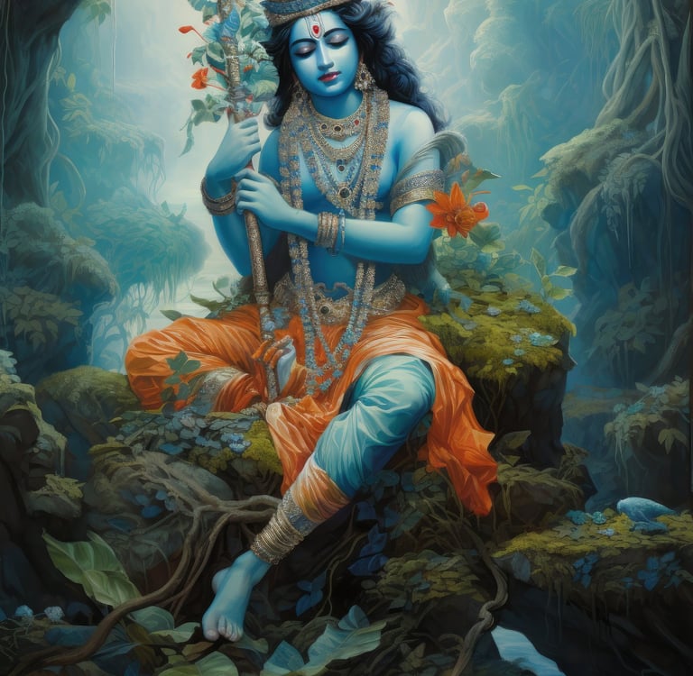 krishna sitting on a mossy rock 