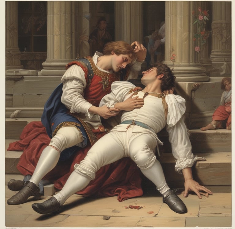 Romeo comforting Mercutio as he lays dying after a swordfight