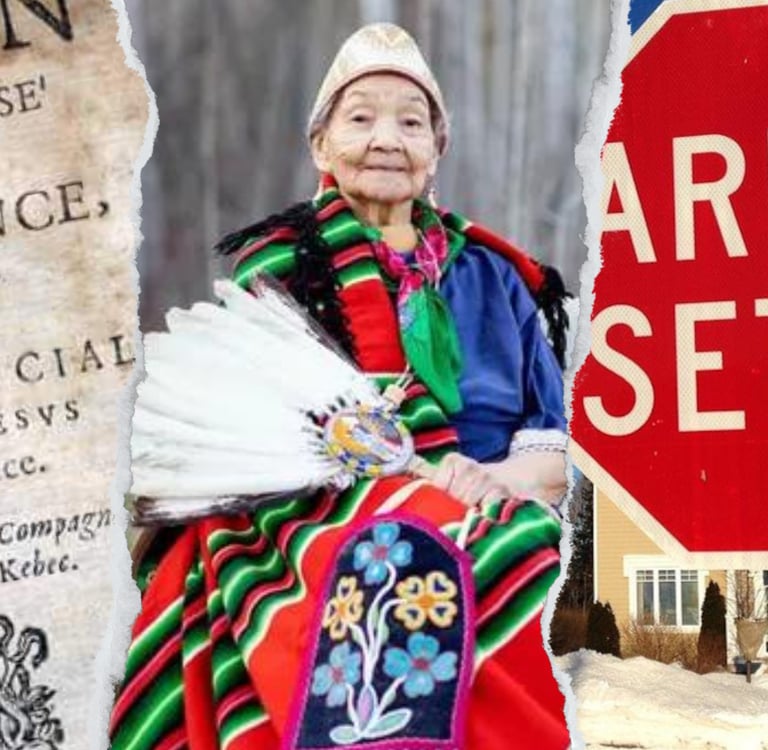 a woman in a colorful dress surrounded by an old manuscript and a bilingual stop sign
